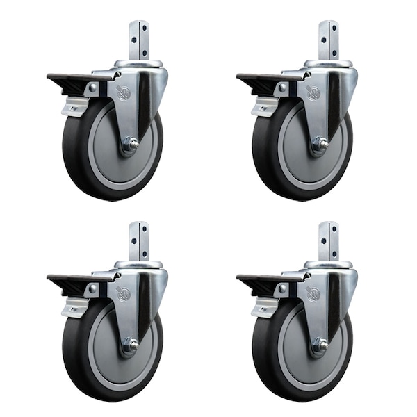 5'' Thermoplastic Rubber Swivel 3/4'' Square Stem Caster Set with Brake, 4PK